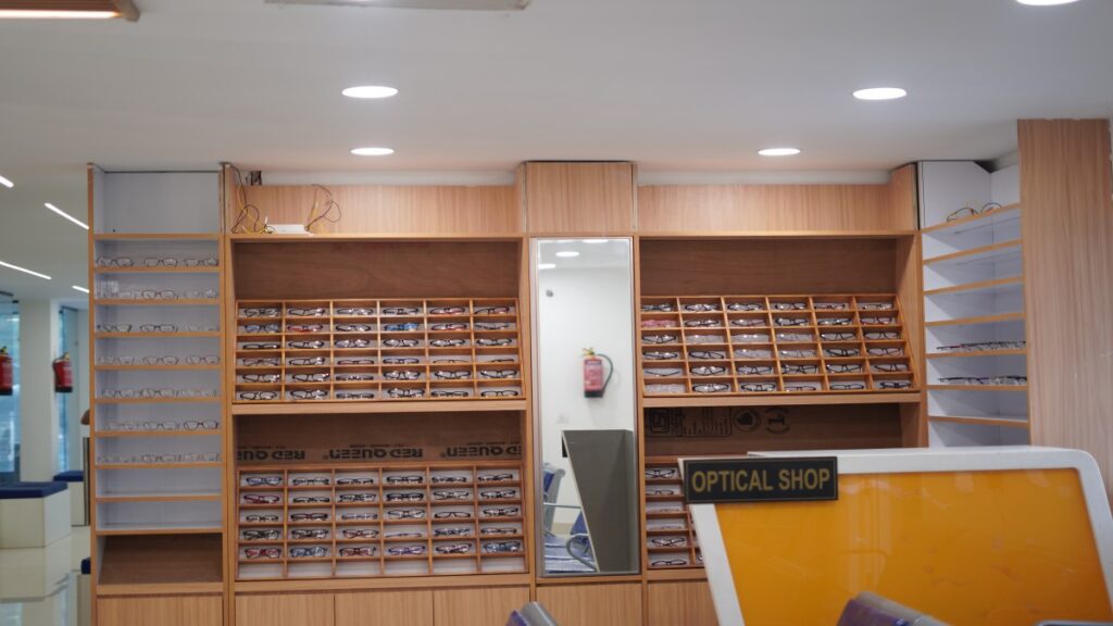 Eyeglasses display at EyeMantra Optical shop in Paschim Vihar Delhi