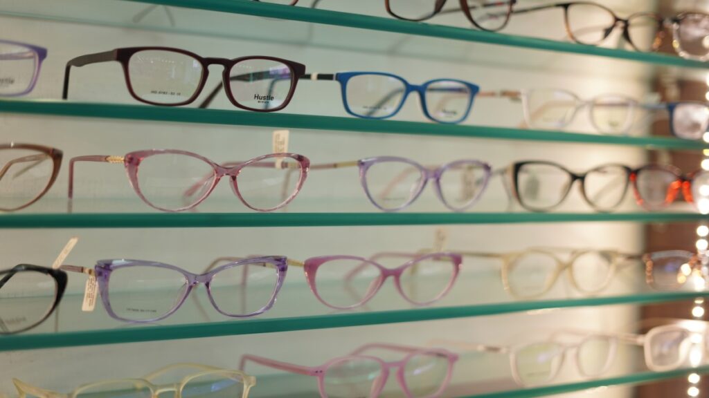 Colorful eyewear frames on display at EyeMantra Optical in Delhi