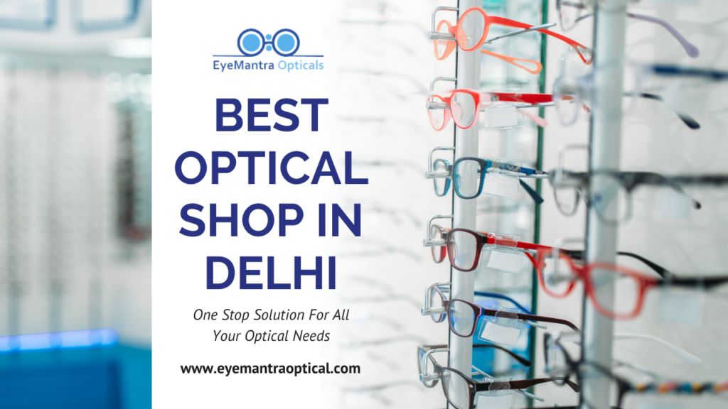 EyeMantra Optical store display with colorful eyeglass frames and branding that says Best Optical Shop in Delhi
