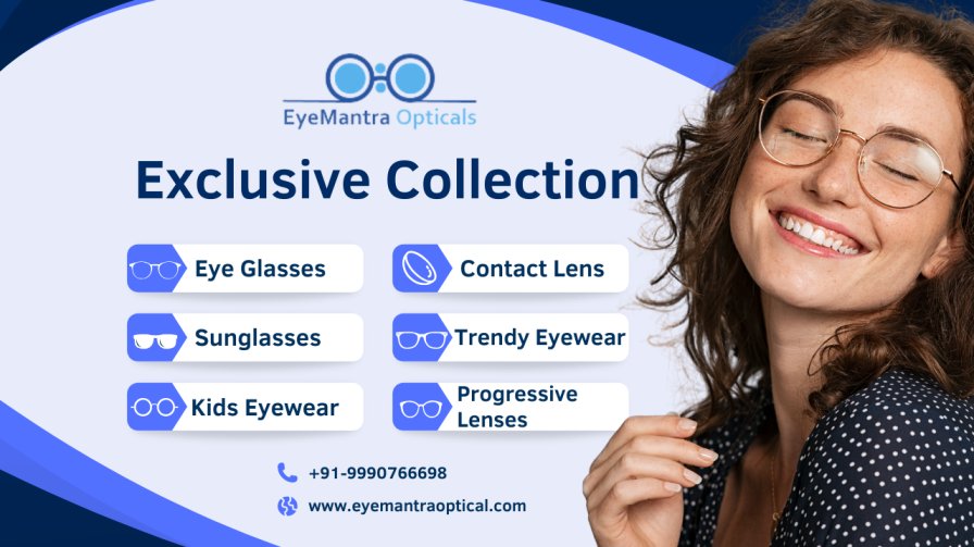 Smiling woman wearing trendy round eyeglasses from EyeMantra Optical’s exclusive eyewear collection, featuring options like sunglasses, kids eyewear, contact lenses, and progressive lenses.