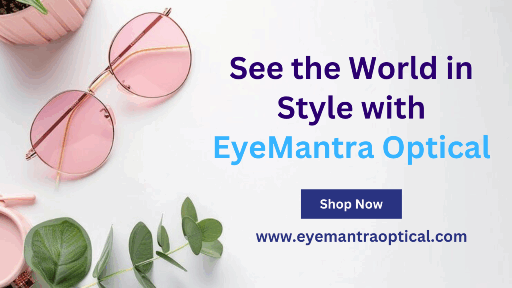 Pink round sunglasses with text promoting EyeMantra Optical’s online eyewear shopping