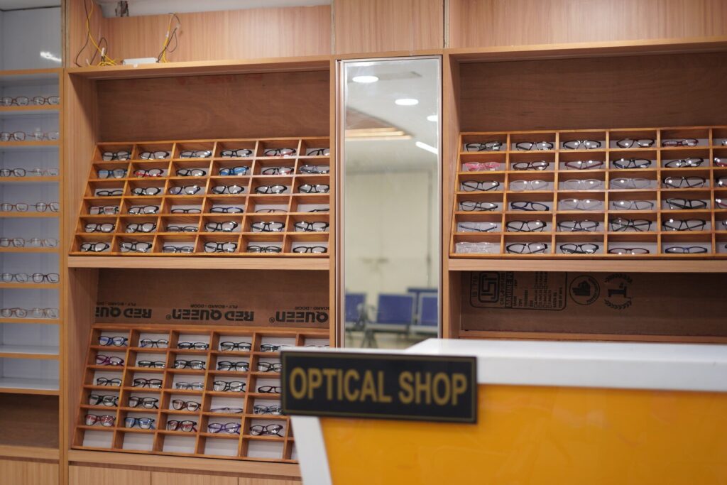 Display of eyeglasses at EyeMantra Optical shop in Delhi