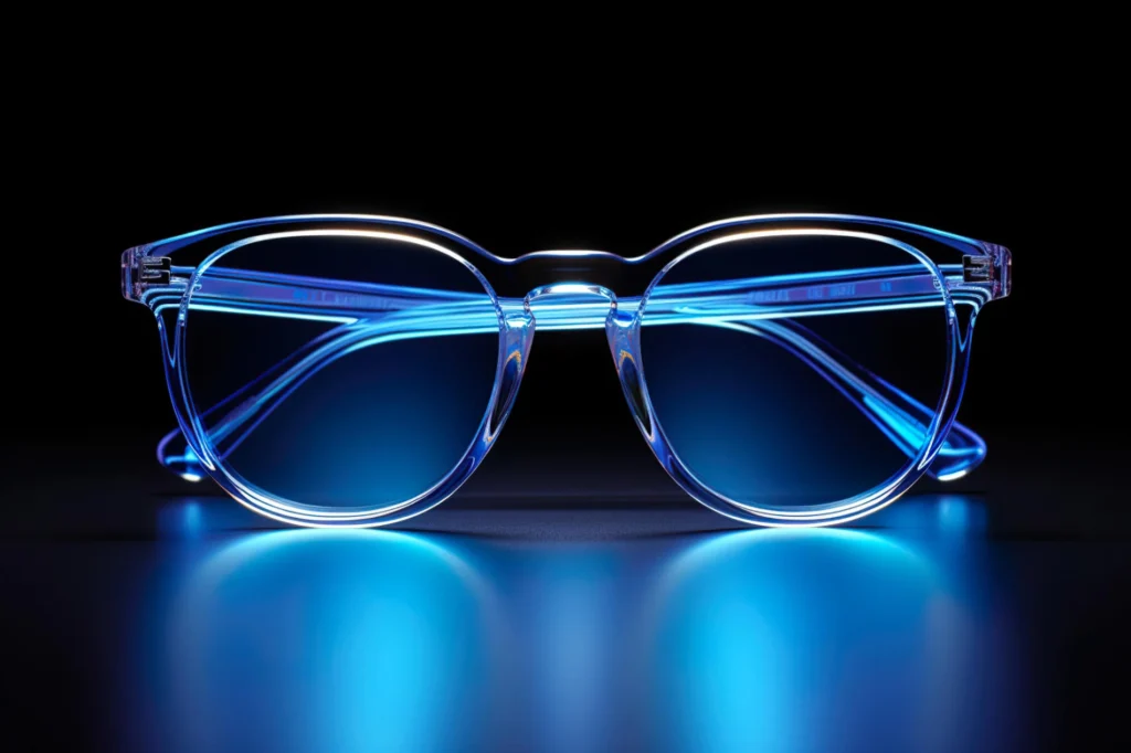 Front view of blue light blocking glasses with glowing blue lenses for student screen protection