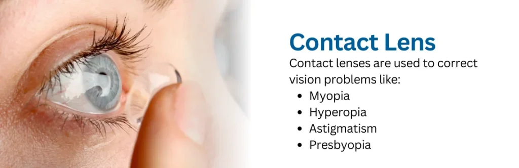 Close-up image of a person wearing a contact lens to treat vision problems like myopia, hyperopia, and astigmatism.