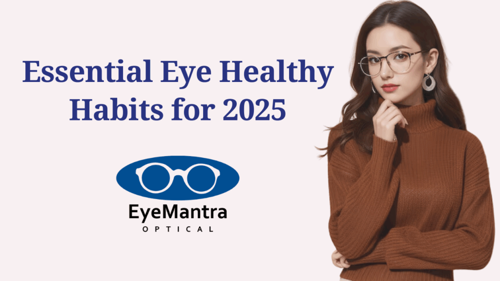 Young woman wearing glasses next to EyeMantra Optical logo with “Essential Eye Healthy Habits for 2025” headline