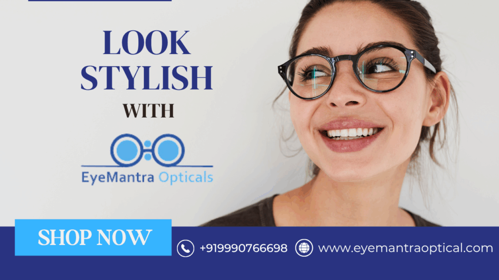 Smiling woman wearing round eyeglasses from EyeMantra Optical – best eyeglasses store near me for stylish and affordable vision care
