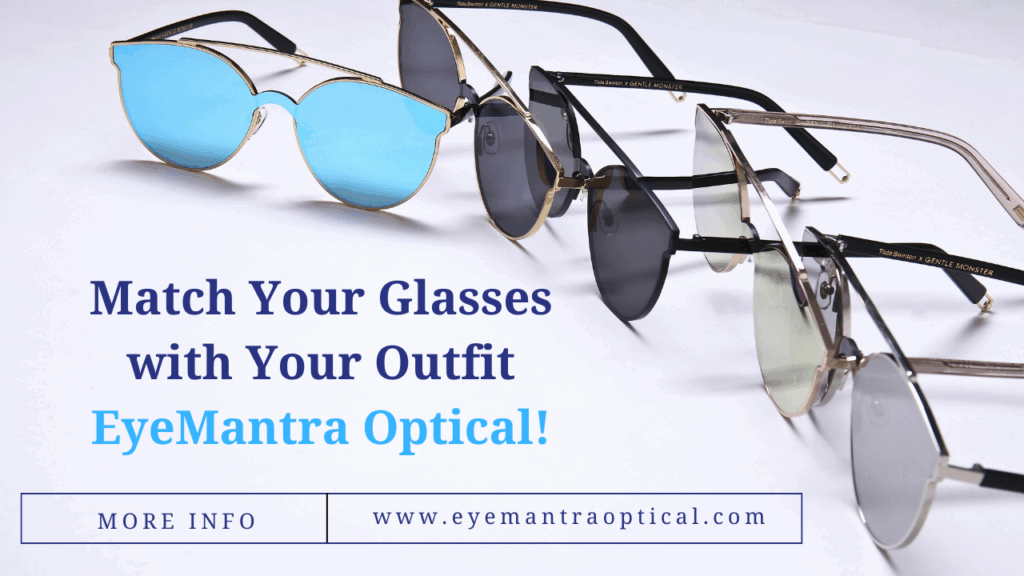 Fashionable sunglasses and prescription eyeglasses from EyeMantra Optical displayed with branding – best eyeglasses store for stylish vision care