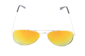 Yellow mirror-lens aviator sunglasses with silver frame displayed in 360° view