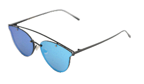 Blue cat-eye sunglasses with black frame rotating on display