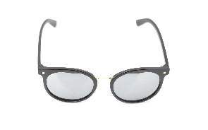 Black round frame sunglasses with reflective lenses shown in rotating animation