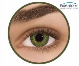 Green colored contact lens worn on eye from Freshlook