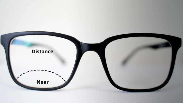 Eyeglasses with bifocal lenses showing labeled sections for distance and near vision – available at EyeMantra Optical.