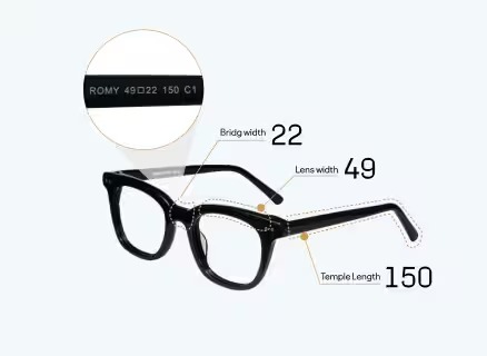 Eyeglass frame dimensions guide with 49mm lens width, 22mm bridge width, and 150mm temple length.