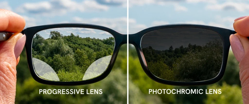 Image comparing progressive lenses and photochromic lenses with icons representing their features and differences.