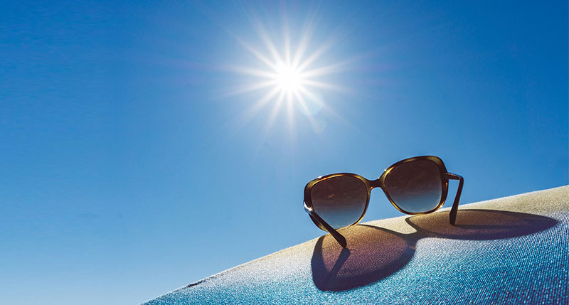 UV‑blocking sunglasses on a bright sunny day to emphasize sun protection for eyes