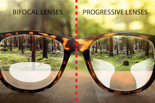 Side-by-side comparison of bifocal and progressive eyeglass lenses, showing visual clarity differences – EyeMantra Optical.